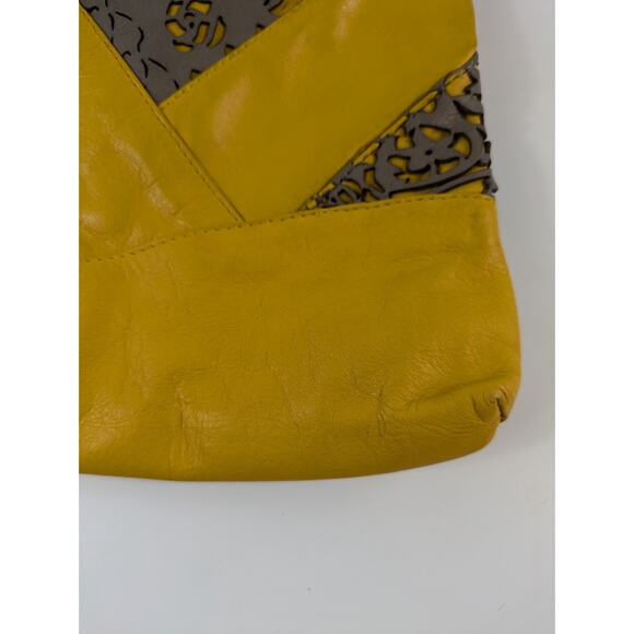 Free Endearment Yellow Purse Leather V Cut Hobo Lazer Cut Satchel Tote Bag Top - Picture 5 of 16